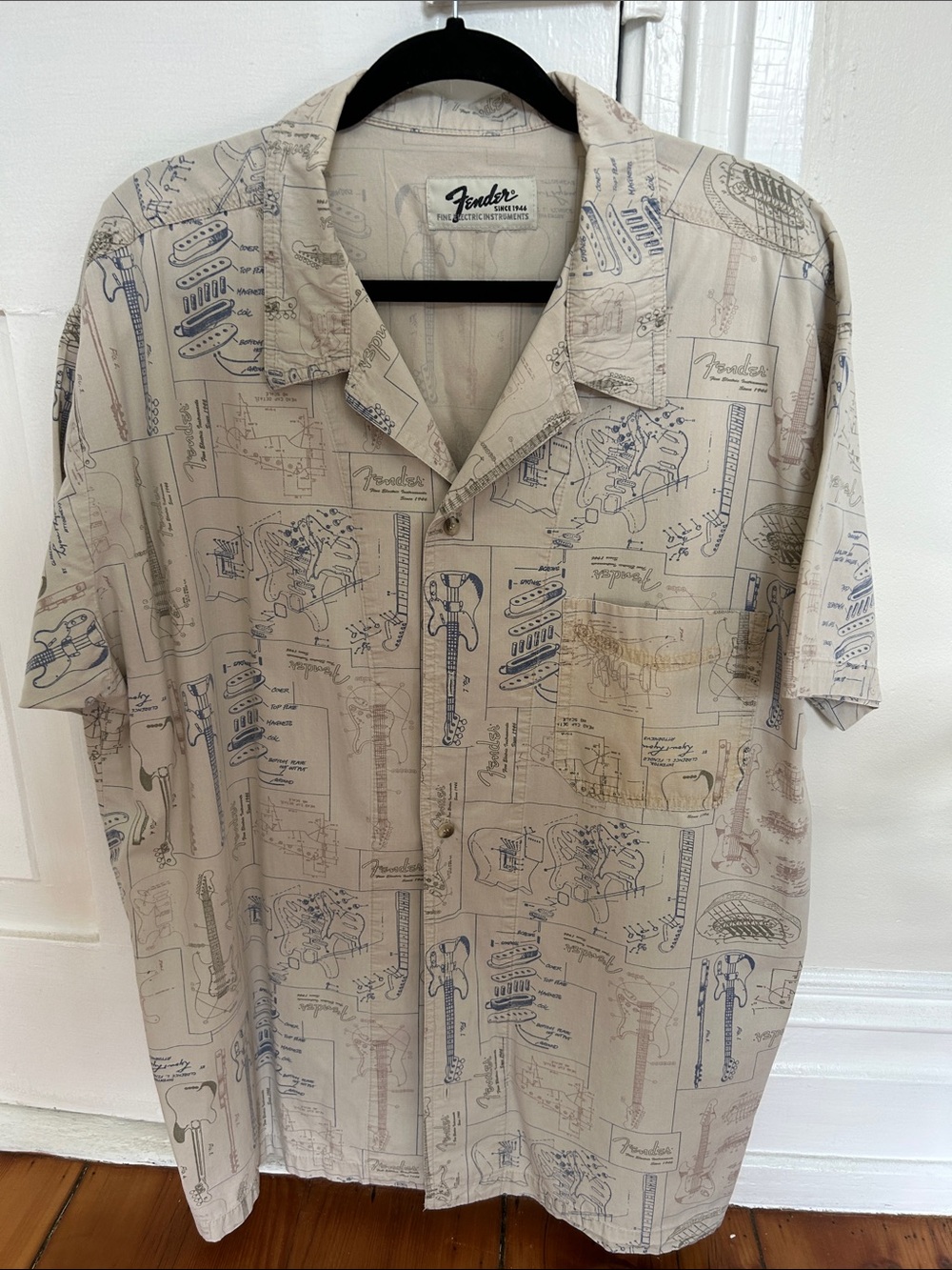 Fender Guitar Shop Beige Short-Sleeve Button-Down Shirt with Blueprint Print